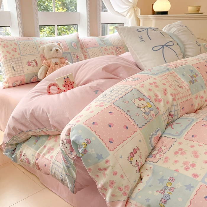 91家纺网 家纺一手货源 找家纺 Sweet dreams甜梦 2025新款全棉印花卡通小清新四件套 格子猫猫