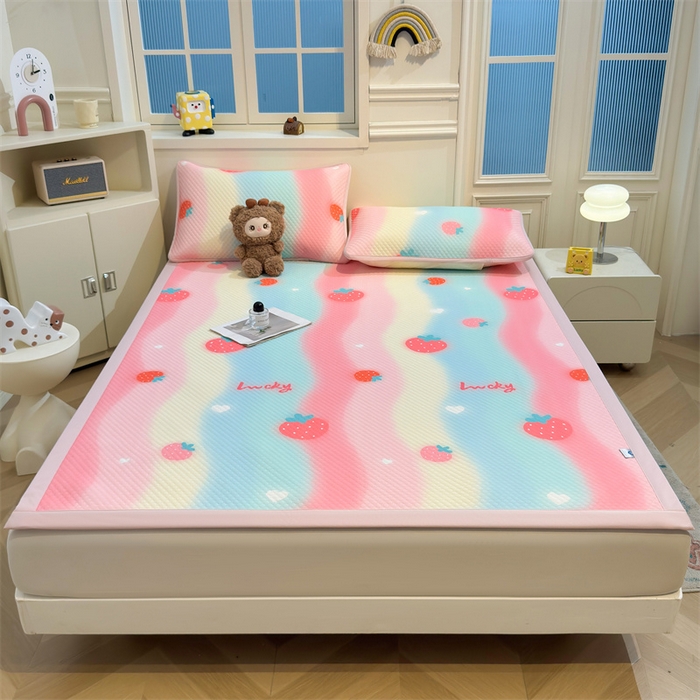 91家纺网 家纺一手货源 找家纺 喜居 2025新款A类凉感豆豆席印花款凉席 彩虹草莓