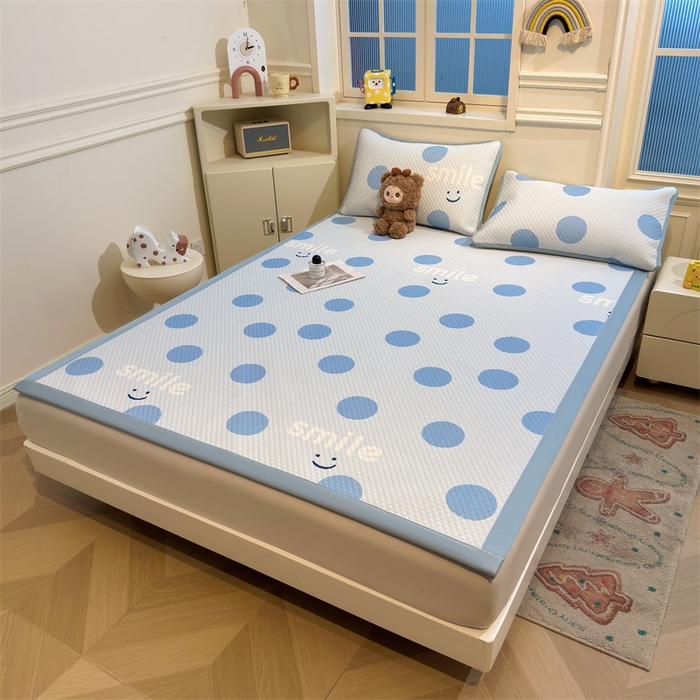 91家纺网 家纺一手货源 找家纺 喜居 2025新款A类凉感豆豆席印花款凉席 微笑-蓝