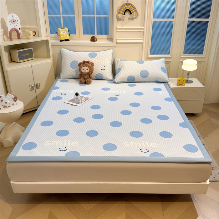 91家纺网 家纺一手货源 找家纺 喜居 2025新款A类凉感豆豆席印花款凉席 微笑-蓝