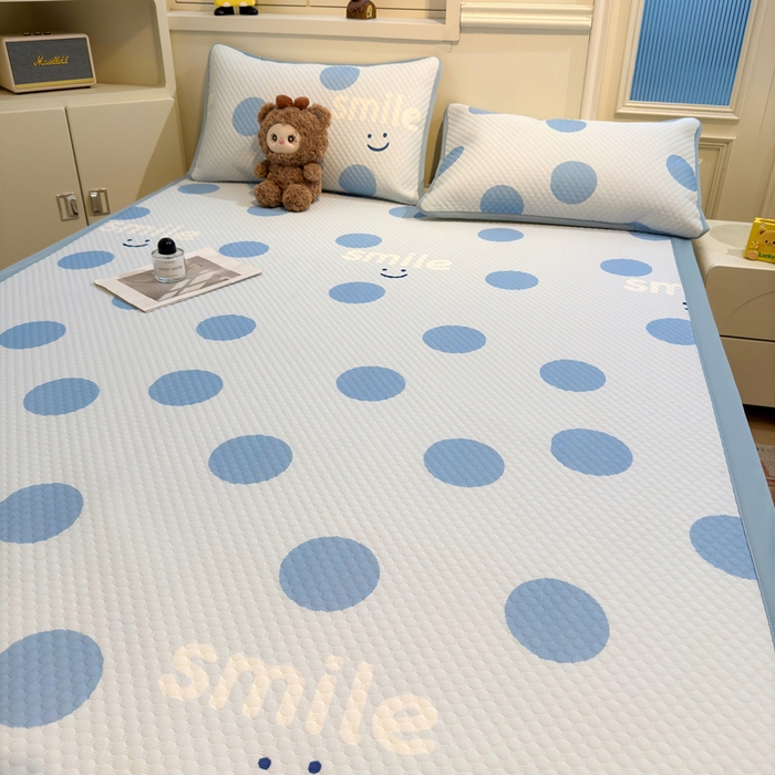 91家纺网 家纺一手货源 找家纺 喜居 2025新款A类凉感豆豆席印花款凉席 微笑-蓝