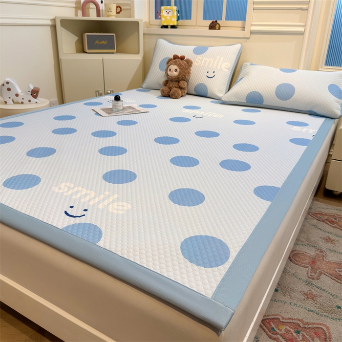 91家纺网 家纺一手货源 找家纺 喜居 2025新款A类凉感豆豆席印花款凉席 微笑-蓝