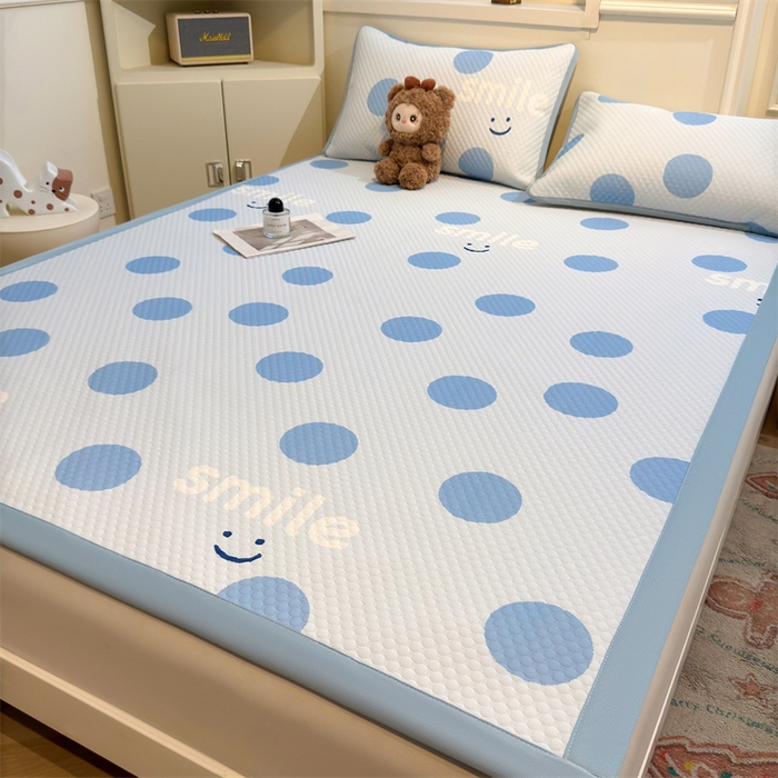 91家纺网 家纺一手货源 找家纺 喜居 2025新款A类凉感豆豆席印花款凉席 微笑-蓝