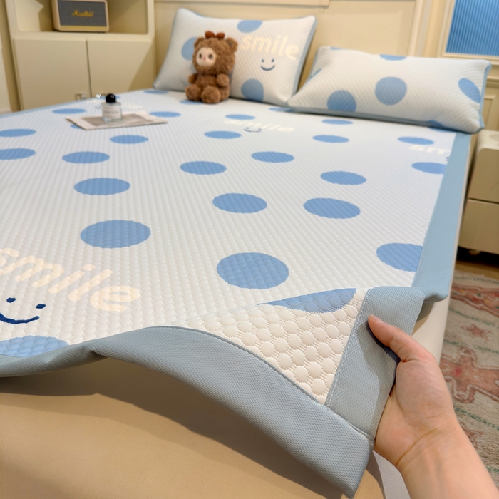 91家纺网 家纺一手货源 找家纺 喜居 2025新款A类凉感豆豆席印花款凉席 微笑-蓝