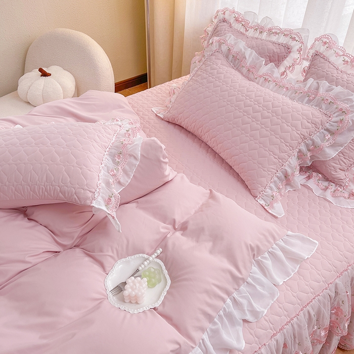 91家纺网 家纺一手货源 找家纺 罗艺轩 2025新款A类珍珠棉花边床裙四件套-梦幻花园 梦幻花园-粉