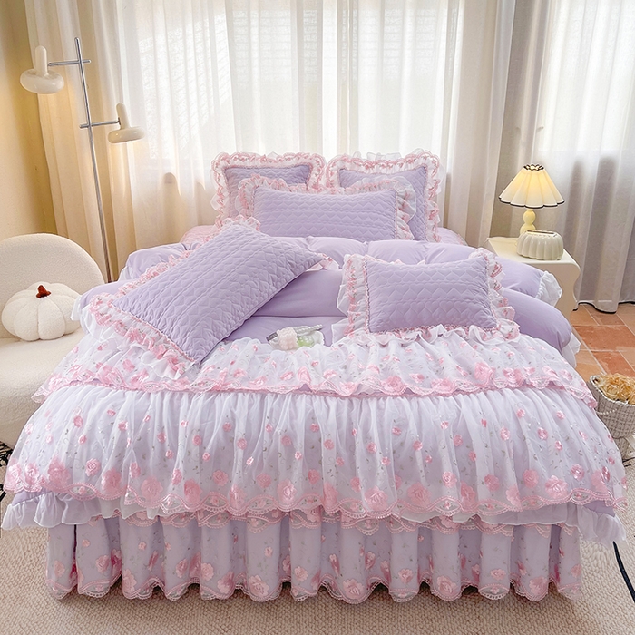 罗艺轩 2025新款A类珍珠棉花边床裙四件套-梦幻花园 梦幻花园-香芋紫