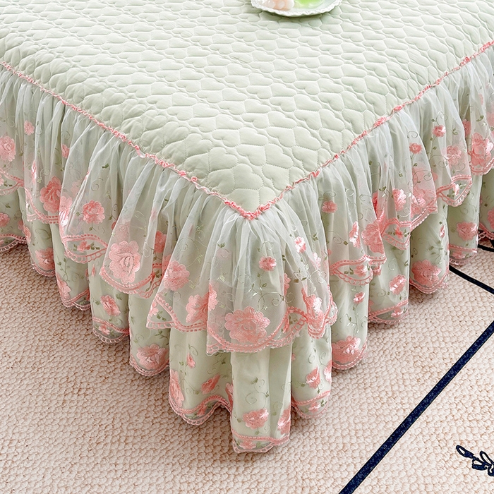 91家纺网 家纺一手货源 找家纺 罗艺轩 2025新款A类珍珠棉花边床裙四件套-梦幻花园 梦幻花园-碧草绿