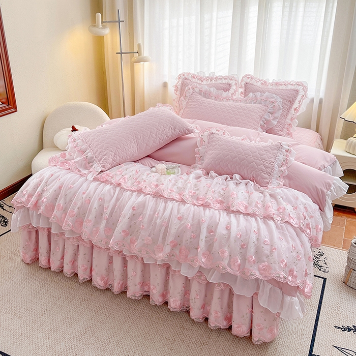 91家纺网 家纺一手货源 找家纺 罗艺轩 2025新款A类珍珠棉花边床裙四件套-梦幻花园 梦幻花园-粉