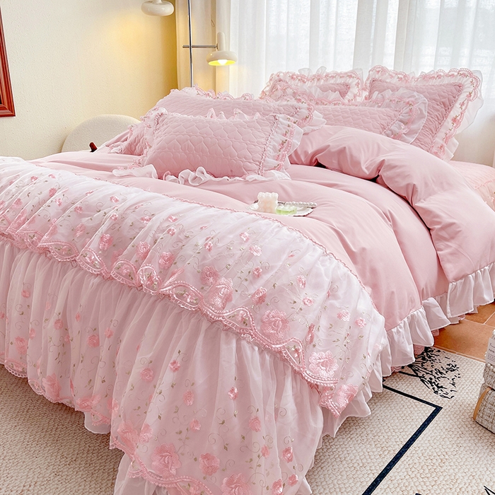 91家纺网 家纺一手货源 找家纺 罗艺轩 2025新款A类珍珠棉花边床裙四件套-梦幻花园 梦幻花园-粉