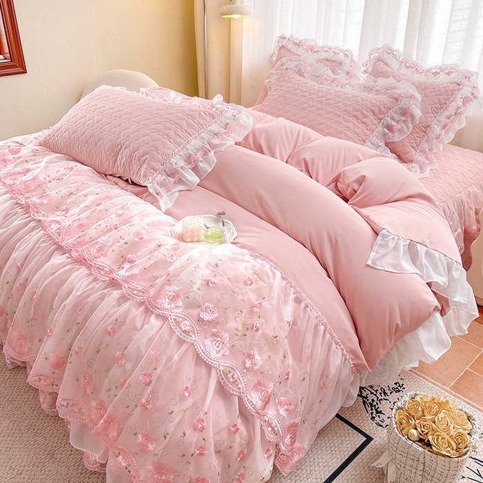 91家纺网 家纺一手货源 找家纺 罗艺轩 2025新款A类珍珠棉花边床裙四件套-梦幻花园 梦幻花园-豆沙