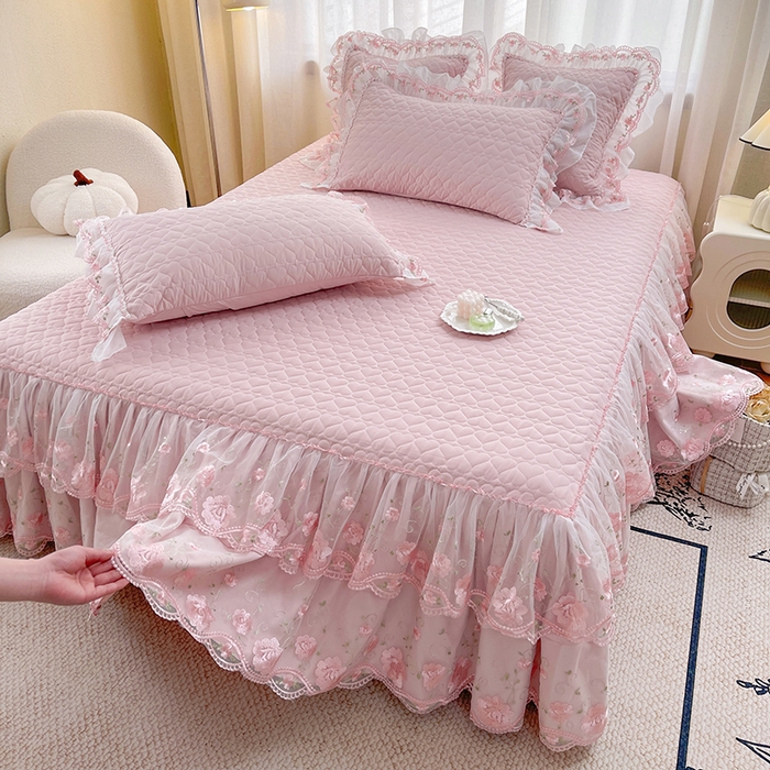 91家纺网 家纺一手货源 找家纺 罗艺轩 2025新款A类珍珠棉花边床裙四件套-梦幻花园 梦幻花园-粉