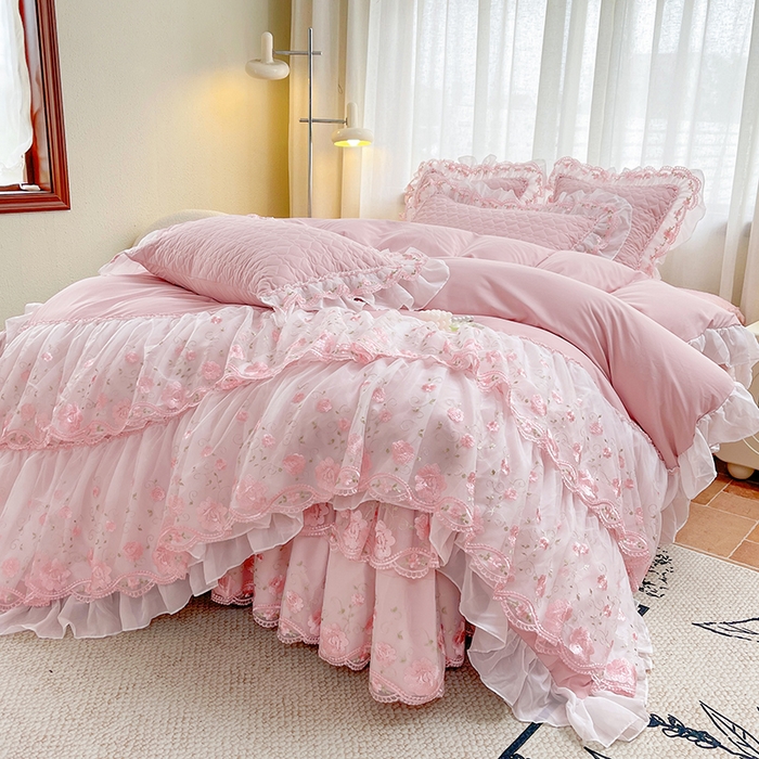 91家纺网 家纺一手货源 找家纺 罗艺轩 2025新款A类珍珠棉花边床裙四件套-梦幻花园 梦幻花园-粉