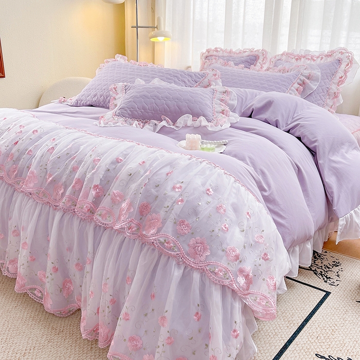 91家纺网 家纺一手货源 找家纺 罗艺轩 2025新款A类珍珠棉花边床裙四件套-梦幻花园 梦幻花园-香芋紫