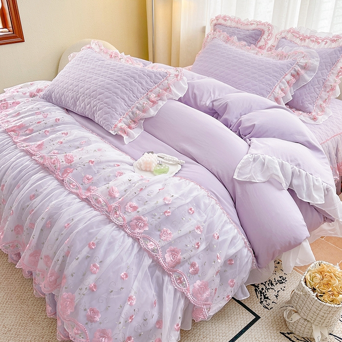 91家纺网 家纺一手货源 找家纺 罗艺轩 2025新款A类珍珠棉花边床裙四件套-梦幻花园 梦幻花园-香芋紫