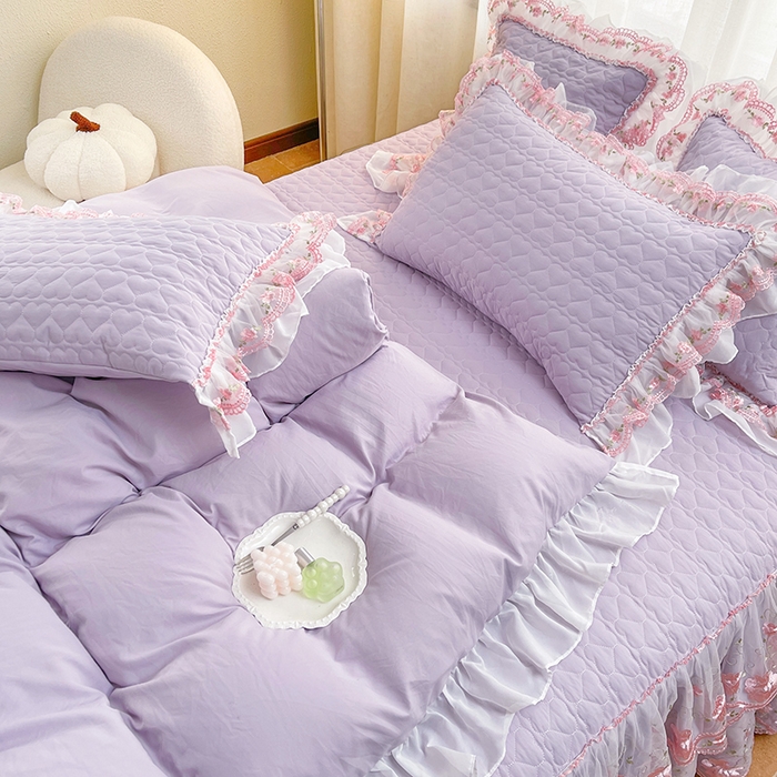 91家纺网 家纺一手货源 找家纺 罗艺轩 2025新款A类珍珠棉花边床裙四件套-梦幻花园 梦幻花园-香芋紫