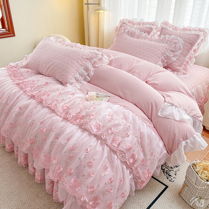 91家纺网 家纺一手货源 找家纺 罗艺轩 2025新款A类珍珠棉花边床裙四件套-梦幻花园 梦幻花园-粉