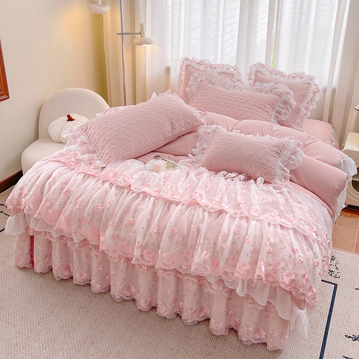 91家纺网 家纺一手货源 找家纺 罗艺轩 2025新款A类珍珠棉花边床裙四件套-梦幻花园 梦幻花园-豆沙