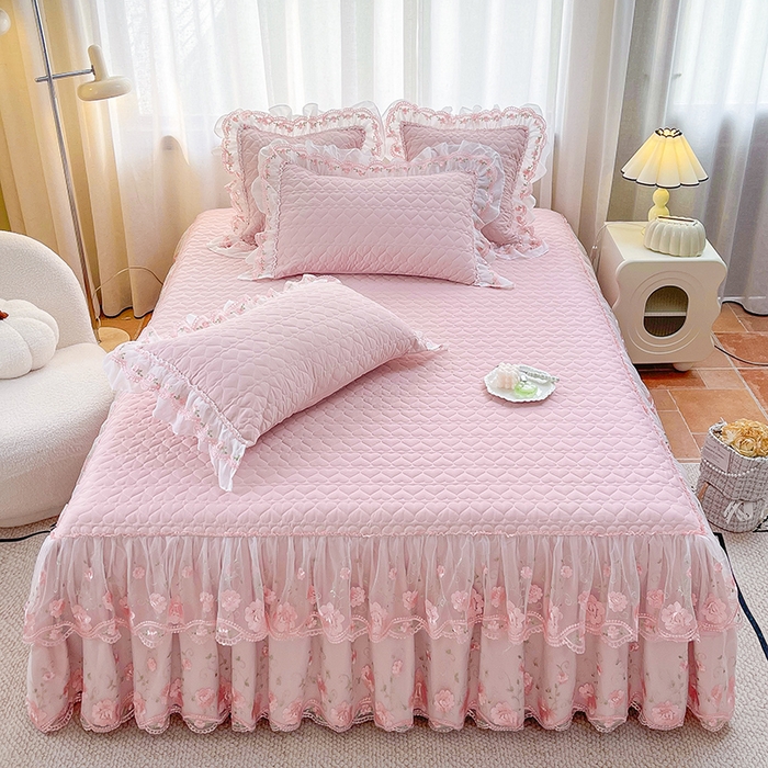 91家纺网 家纺一手货源 找家纺 罗艺轩 2025新款A类珍珠棉花边床裙四件套-梦幻花园 梦幻花园-粉