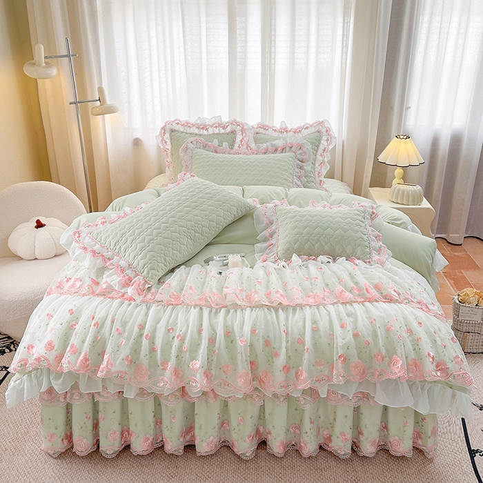 罗艺轩 2025新款A类珍珠棉花边床裙四件套-梦幻花园 梦幻花园-碧草绿