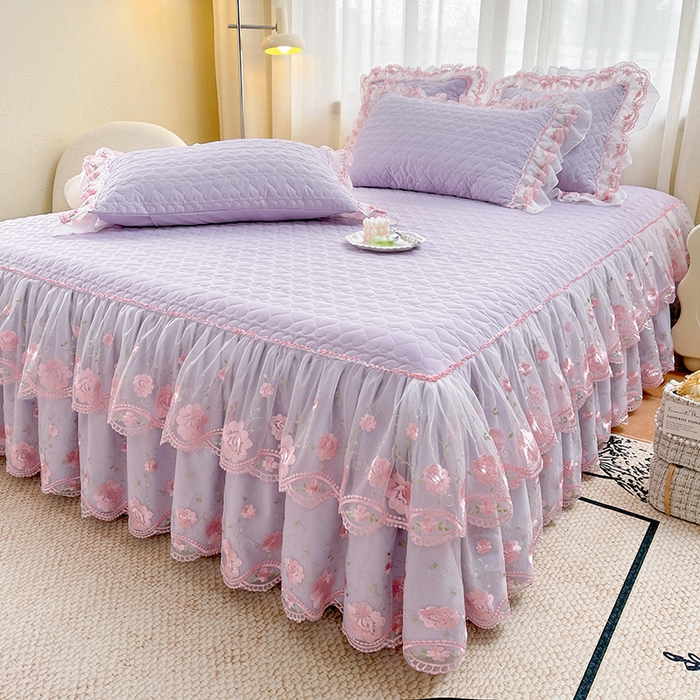 91家纺网 家纺一手货源 找家纺 罗艺轩 2025新款A类珍珠棉花边床裙四件套-梦幻花园 梦幻花园-香芋紫