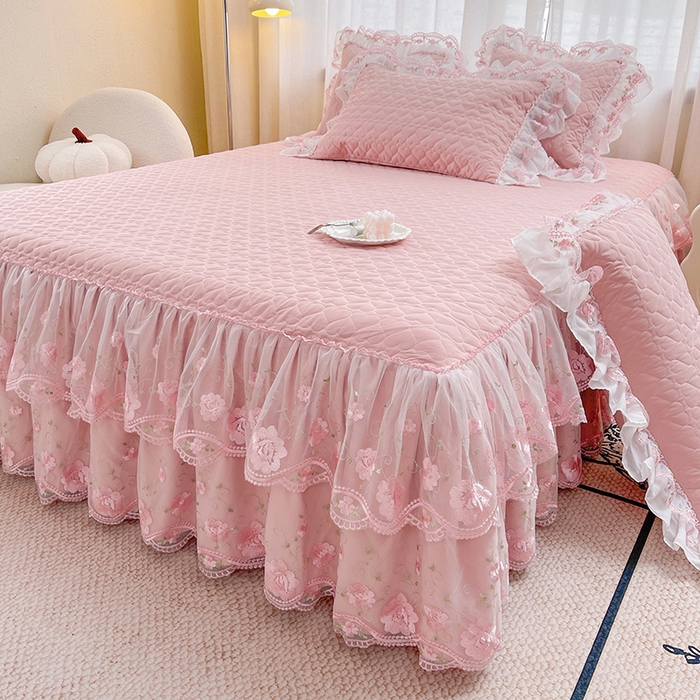 91家纺网 家纺一手货源 找家纺 罗艺轩 2025新款A类珍珠棉花边床裙四件套-梦幻花园 梦幻花园-豆沙