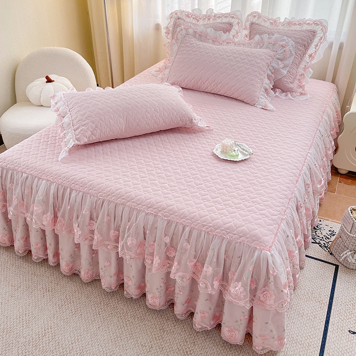 91家纺网 家纺一手货源 找家纺 罗艺轩 2025新款A类珍珠棉花边床裙四件套-梦幻花园 梦幻花园-粉