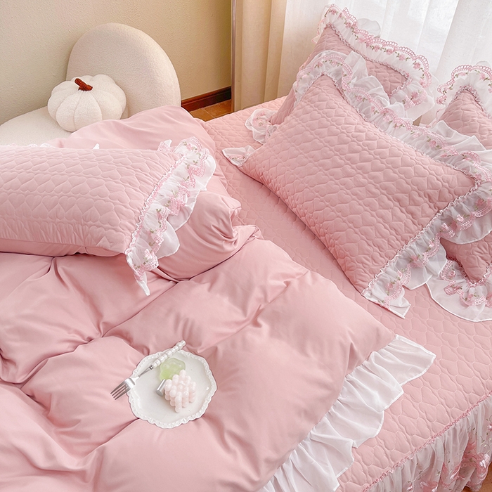 91家纺网 家纺一手货源 找家纺 罗艺轩 2025新款A类珍珠棉花边床裙四件套-梦幻花园 梦幻花园-豆沙