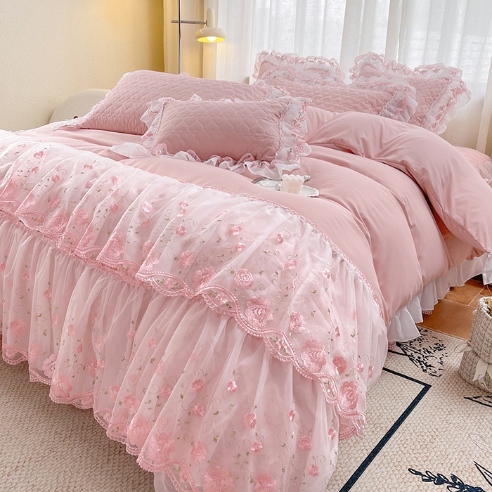 91家纺网 家纺一手货源 找家纺 罗艺轩 2025新款A类珍珠棉花边床裙四件套-梦幻花园 梦幻花园-豆沙