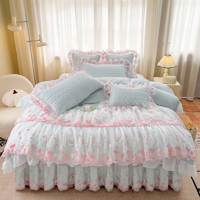 罗艺轩 2025新款A类珍珠棉花边床裙四件套-梦幻花园 梦幻花园-蓝灰色