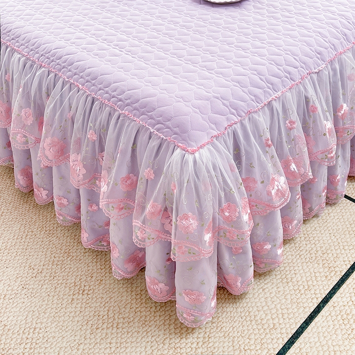 91家纺网 家纺一手货源 找家纺 罗艺轩 2025新款A类珍珠棉花边床裙四件套-梦幻花园 梦幻花园-香芋紫