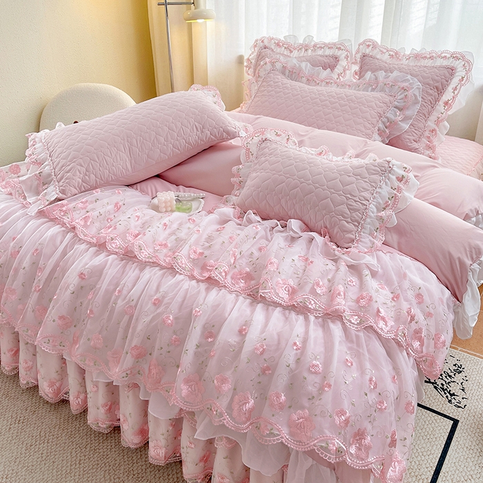 91家纺网 家纺一手货源 找家纺 罗艺轩 2025新款A类珍珠棉花边床裙四件套-梦幻花园 梦幻花园-粉
