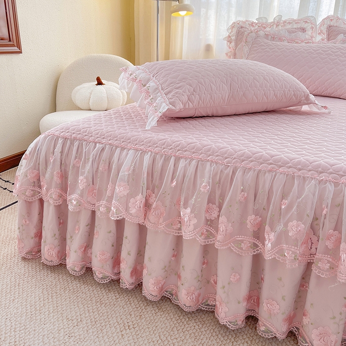 91家纺网 家纺一手货源 找家纺 罗艺轩 2025新款A类珍珠棉花边床裙四件套-梦幻花园 梦幻花园-粉