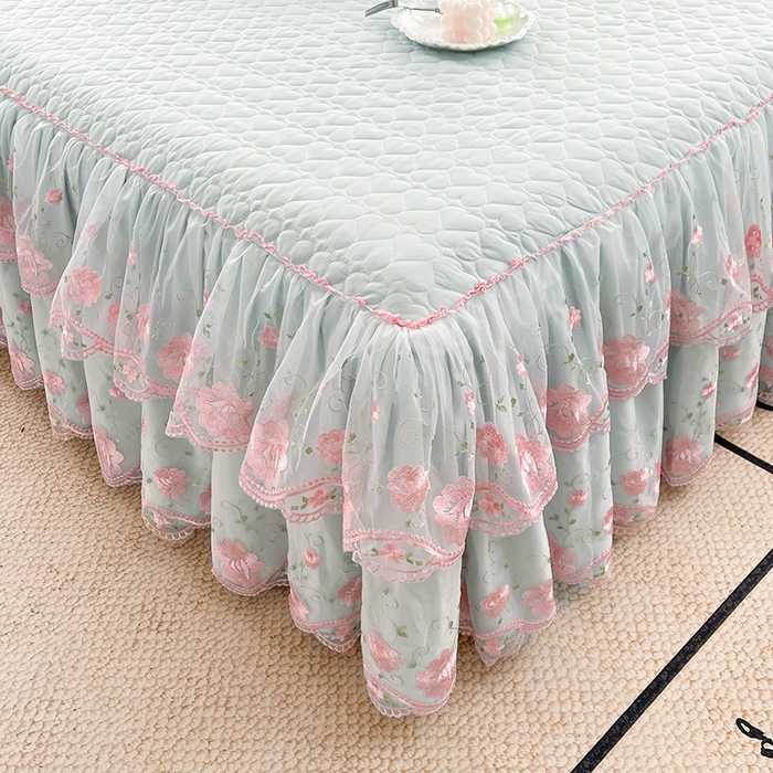 91家纺网 家纺一手货源 找家纺 罗艺轩 2025新款A类珍珠棉花边床裙四件套-梦幻花园 梦幻花园-蓝灰色