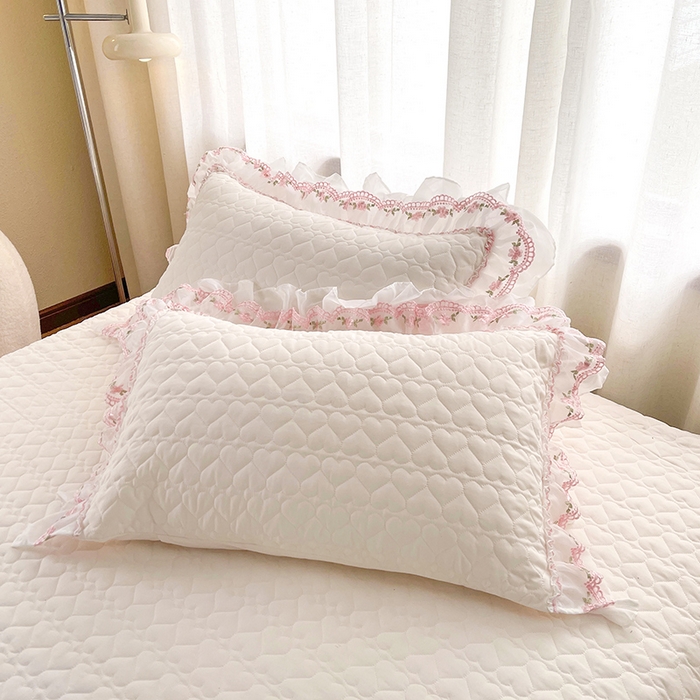 91家纺网 家纺一手货源 找家纺 罗艺轩 2025新款A类珍珠棉花边床裙三件套-梦幻花园 梦幻花园-荷花白