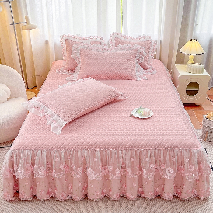 罗艺轩 2025新款A类珍珠棉花边床裙三件套-梦幻花园 梦幻花园-豆沙