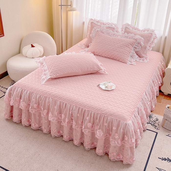 91家纺网 家纺一手货源 找家纺 罗艺轩 2025新款A类珍珠棉花边床裙三件套-梦幻花园 梦幻花园-豆沙