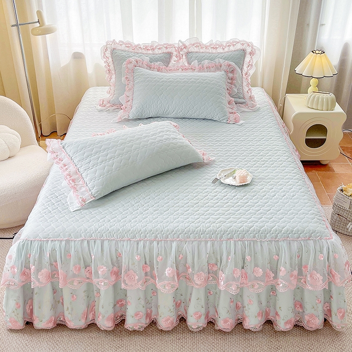 罗艺轩 2025新款A类珍珠棉花边床裙三件套-梦幻花园 梦幻花园-蓝灰色