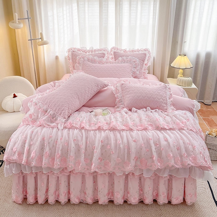 91家纺网 家纺一手货源 找家纺 罗艺轩 2025新款A类珍珠棉花边床裙四件套-梦幻花园 梦幻花园-粉