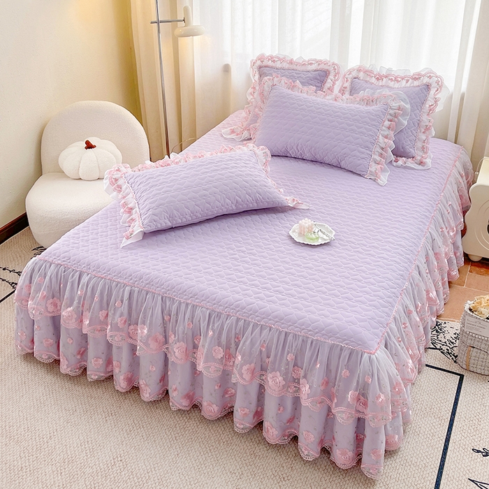 91家纺网 家纺一手货源 找家纺 （总）罗艺轩 2025新款A类珍珠棉花边床裙三件套-梦幻花园