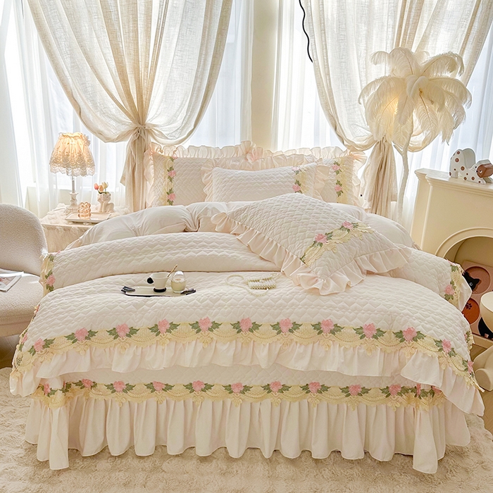 罗艺轩 2025新款A类珍珠棉全夹棉床盖款四件套-玫瑰之恋 玫瑰之恋-荷花白