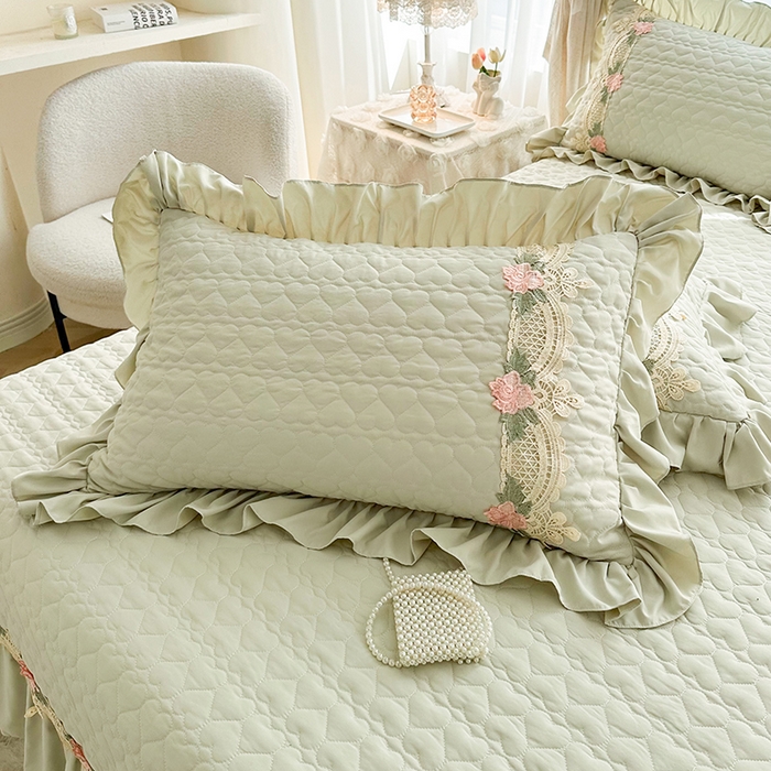 91家纺网 家纺一手货源 找家纺 罗艺轩 2025新款A类珍珠棉全夹棉床盖三件套-玫瑰之恋 玫瑰之恋-碧草绿