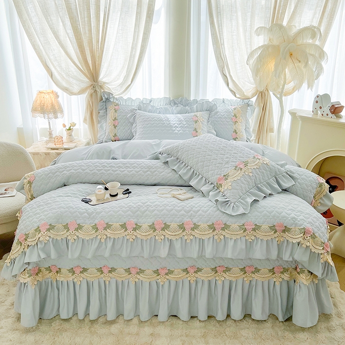 91家纺网 家纺一手货源 找家纺 罗艺轩 2025新款A类珍珠棉全夹棉床盖三件套-玫瑰之恋 玫瑰之恋-蓝灰色