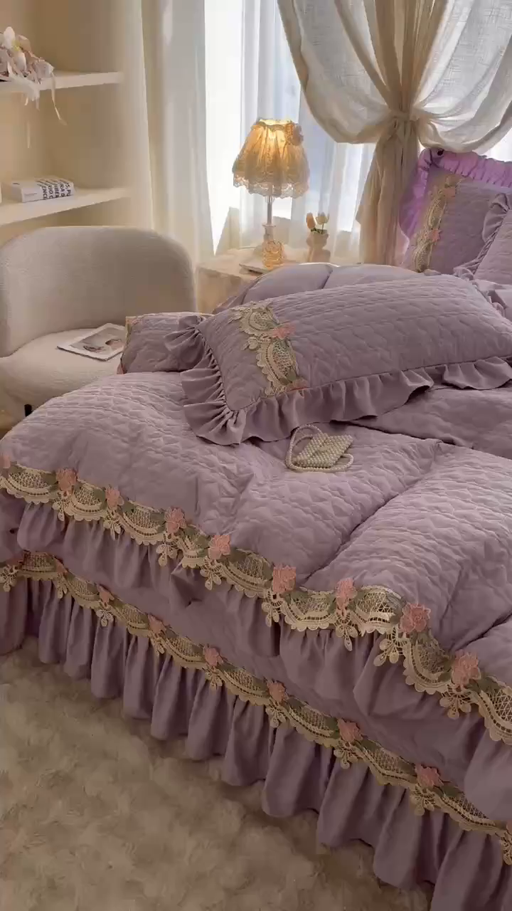 91家纺网 家纺一手货源 找家纺 罗艺轩 2025新款A类珍珠棉全夹棉床盖三件套-玫瑰之恋 玫瑰之恋-香芋紫