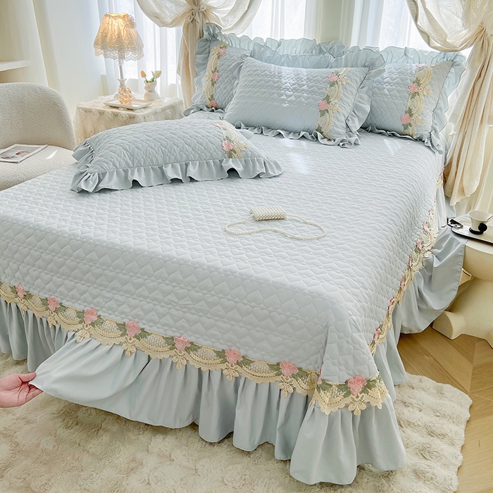 91家纺网 家纺一手货源 找家纺 罗艺轩 2025新款A类珍珠棉全夹棉床盖款四件套-玫瑰之恋 玫瑰之恋-蓝灰色