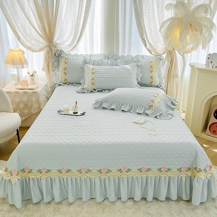 91家纺网 家纺一手货源 找家纺 罗艺轩 2025新款A类珍珠棉全夹棉床盖款四件套-玫瑰之恋 玫瑰之恋-蓝灰色