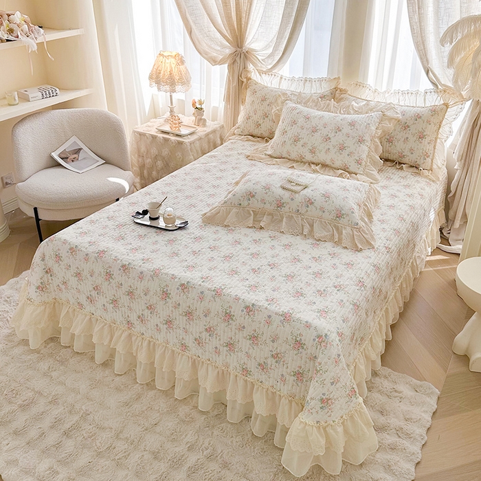 91家纺网 家纺一手货源 找家纺 罗艺轩 2025新款全棉印花花边床盖三件套 瑰夏