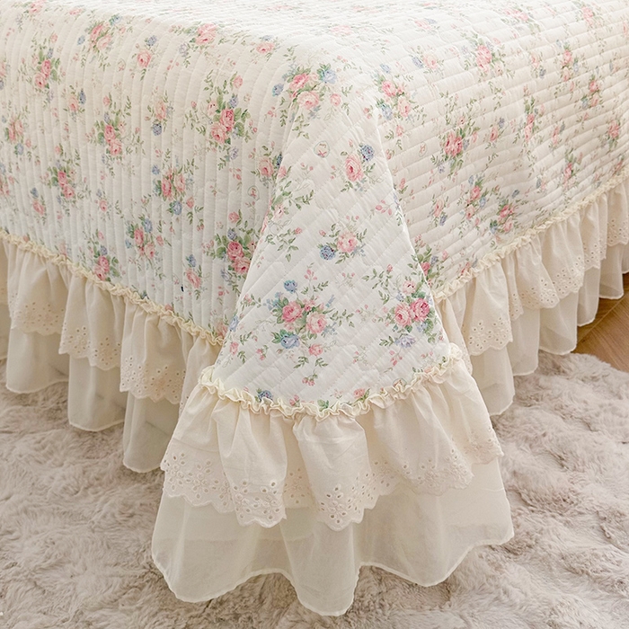 91家纺网 家纺一手货源 找家纺 罗艺轩 2025新款全棉印花花边床盖三件套 瑰夏