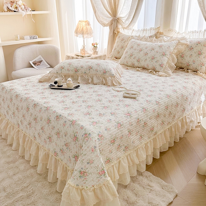 91家纺网 家纺一手货源 找家纺 罗艺轩 2025新款全棉印花花边床盖三件套 瑰夏