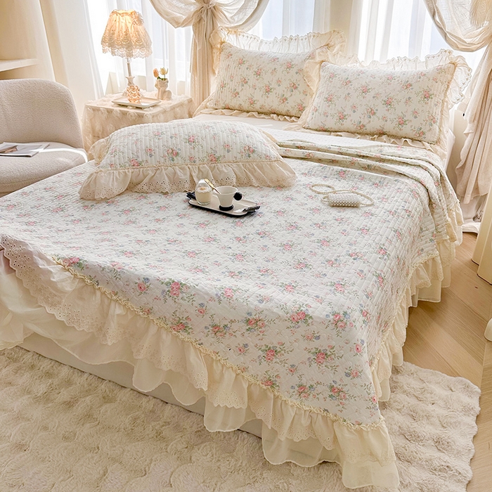 91家纺网 家纺一手货源 找家纺 罗艺轩 2025新款全棉印花花边床盖三件套 瑰夏