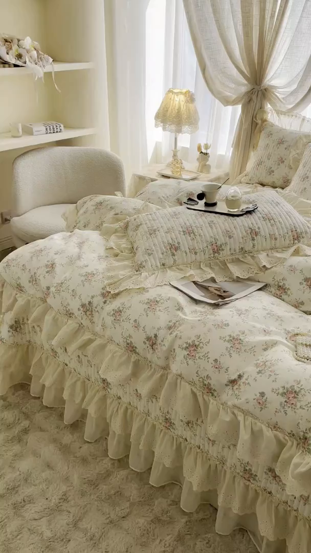 91家纺网 家纺一手货源 找家纺 罗艺轩 2025新款全棉印花花边床盖三件套 瑰夏